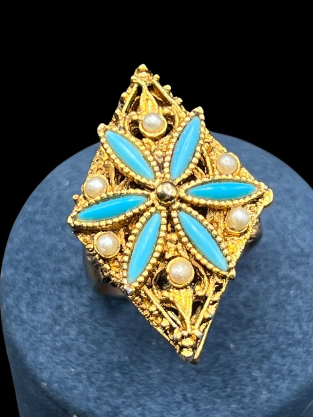 Vintage Gold Tone Adjustable Poison Ring Hinged Pill Box Pearl Turquoise